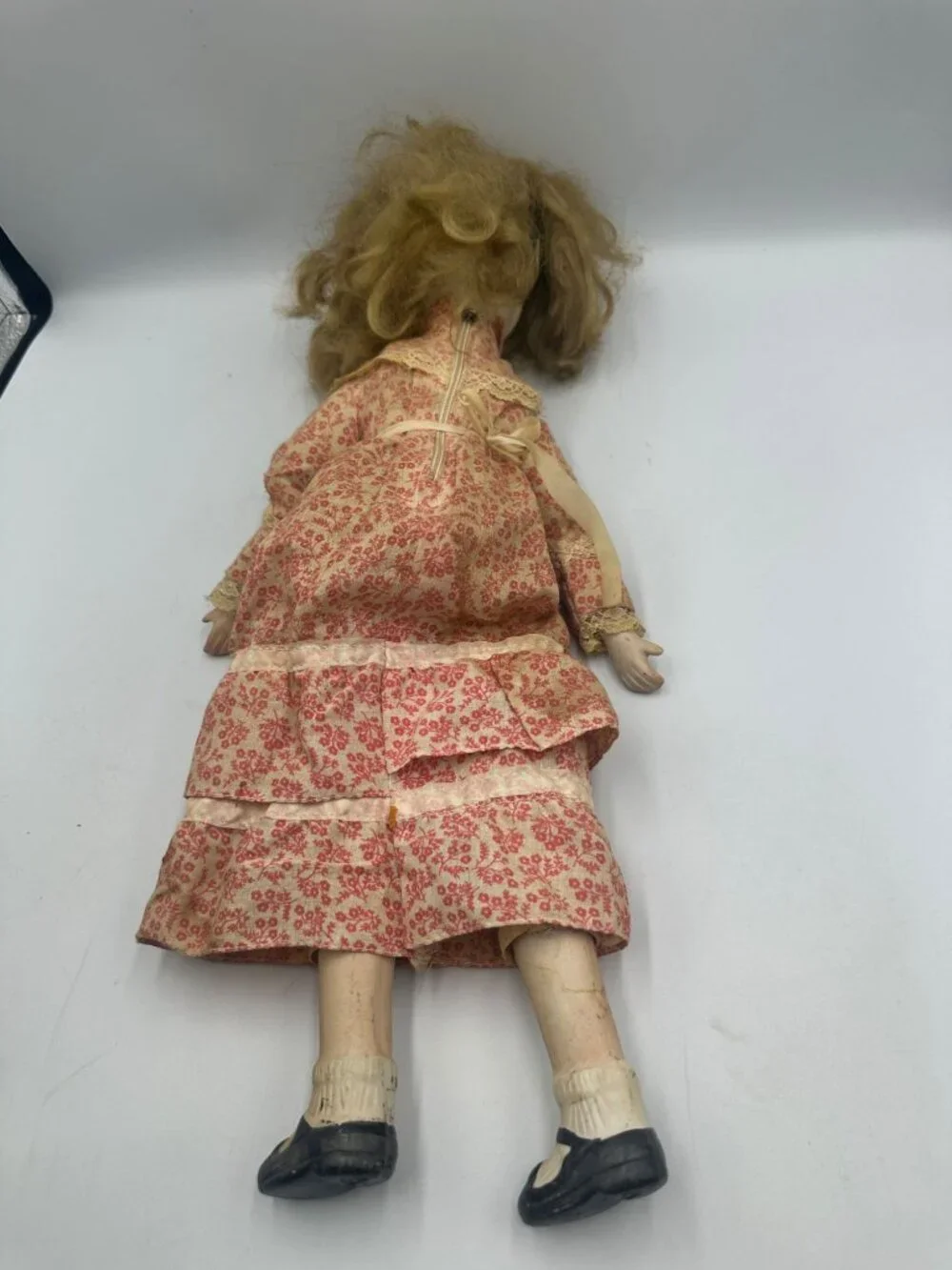 Antique Porcelain Doll With Floral Dress Blonde Hair & Lace Accents